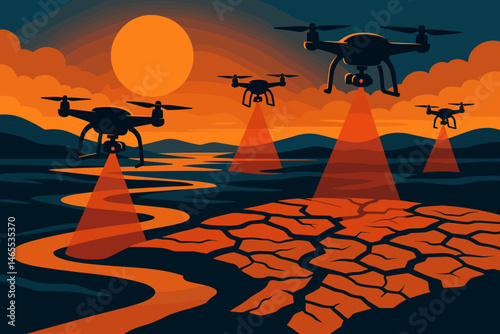 The climate-tech landscape is flat, featuring drones, an IR grid, and a glowing horizon