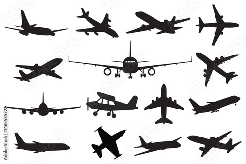 Airplane airbus fighter or aircraft set silhouette vector for icon or other purpose use.