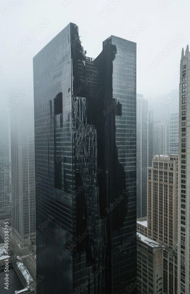 Obraz premium A dark, modern skyscraper with a jagged, damaged facade, set against a cityscape of other tall buildings on a hazy day