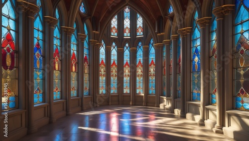 Gothic cathedral interior with stained glass light

