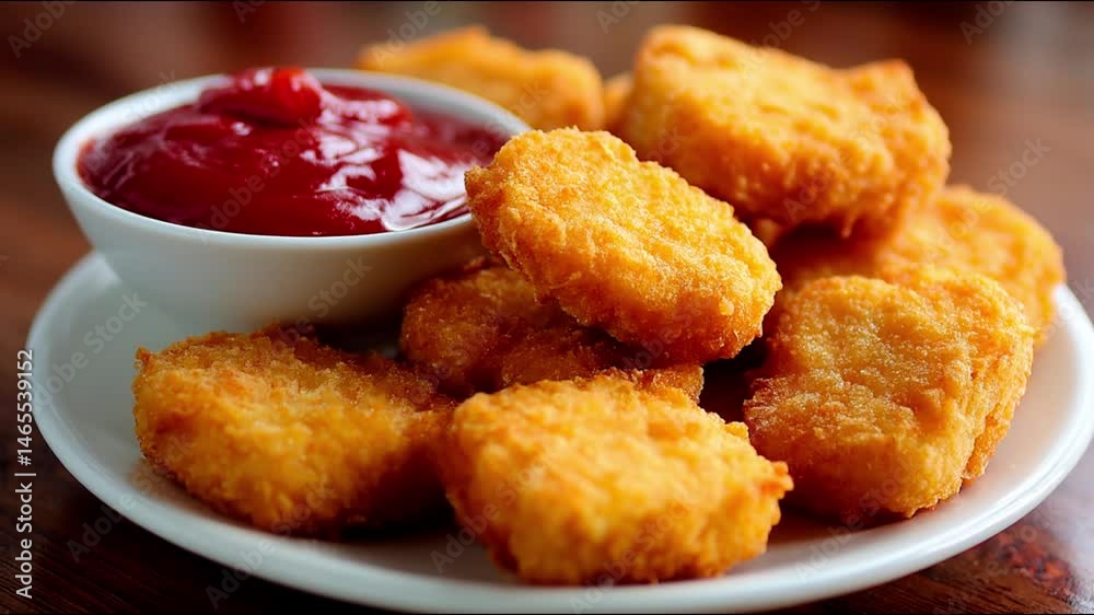 Golden fried chicken nuggets served with tomato sauce Golden fried chicken nuggets served with tomato sauce