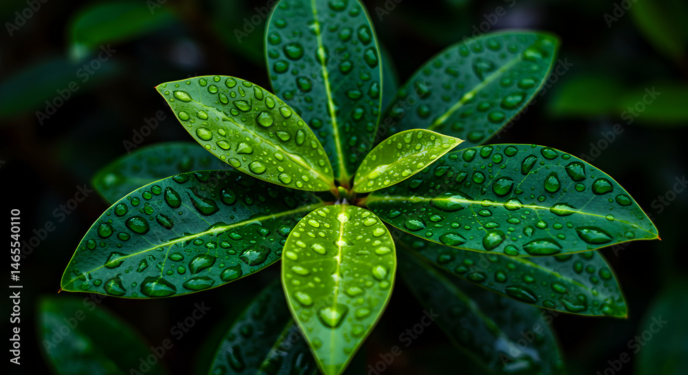 Fototapeta premium Lush Green Leaves Adorned with Sparkling Raindrops in an Elegant Composition
