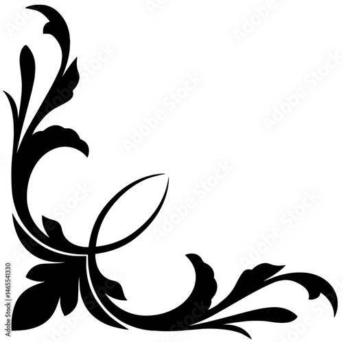 Black Decorative Floral Corner Frame Element with Curved Leaves, Elegant Swirls. Ornament for Page Borders, Invitation Design, Vintage Greeting Cards, Scrapbooking Layouts, Graphic Embellishments