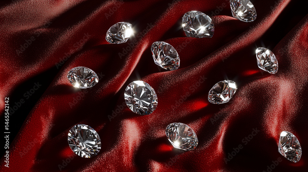 Detailed view of loose round diamonds scattered on a velvet surface.