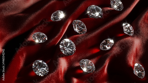Detailed view of loose round diamonds scattered on a velvet surface.