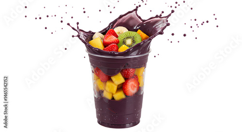 Smoothie de açaí com manga, morango, kiwi e banana em copo plástico, isolado com fundo transparente e efeito splash vibrante.