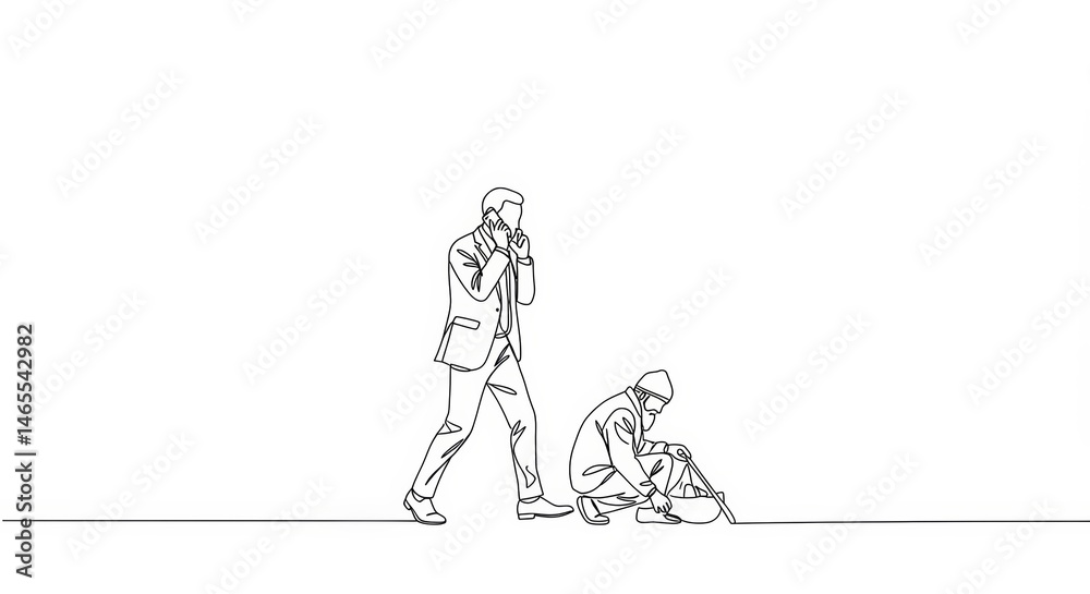 Minimalist line art showing indifference, wealth contrasted with poverty concept Minimalist line art showing indifference, wealth contrasted with poverty concept