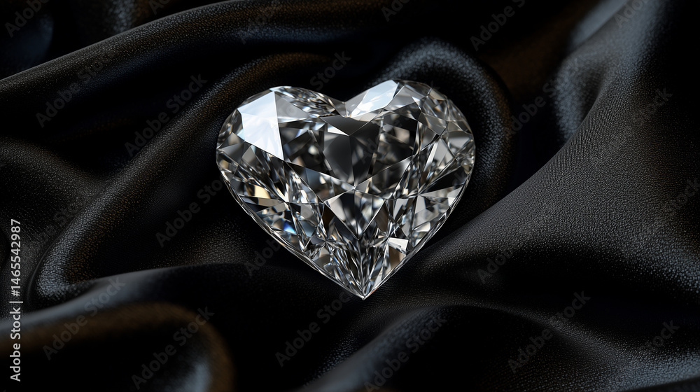 Detailed view of a heart-shaped diamond glinting against black silk.