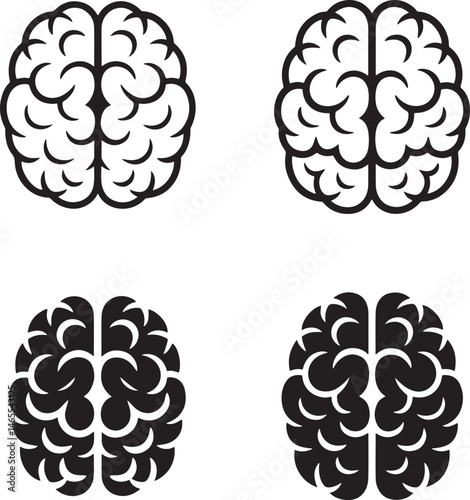 Human Brain silhouette & Outline set vector illustration isolated On Transparent Background