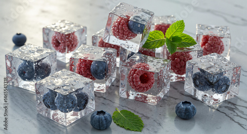 Close-up of ice cubes with frozen raspberries and blueberries on marble surface. Water droplets, fresh mint leaves, clean summer refreshment concept in macro detail.