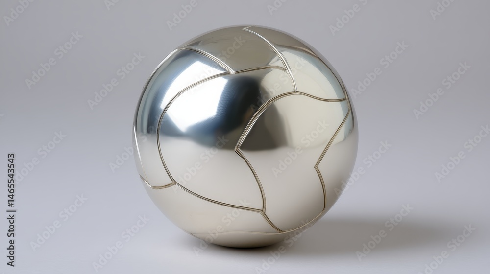 Naklejka premium Chrome-like orb with deep curves and segmented design rests on a neutral grey background, revealing striking reflections and ample copy space for customization