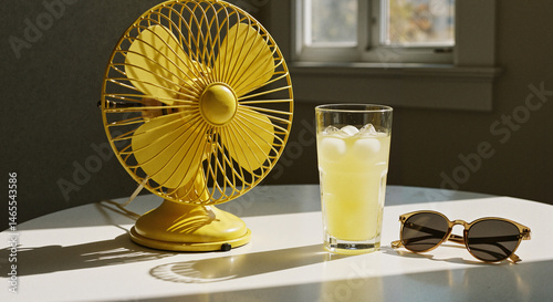 Vintage yellow fan, iced drink and sunglasses on a white table in sunlight. Strong shadows, retro summer aesthetic, cozy and minimal indoor setup.