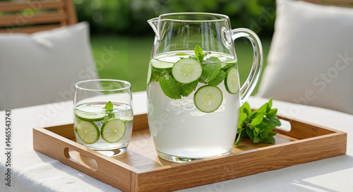 Glass pitcher and tumbler with cucumber and mint infused water on a wooden tray outdoors. Bright summer light, refreshing healthy drink, garden background.

