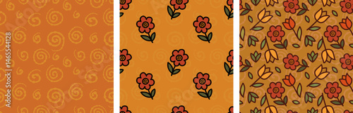 A set of patterns.Hand-drawn retro floral print for fabric. Modern yellow flowers for creativity. Vintage botanical seamless pattern, wrapping paper.