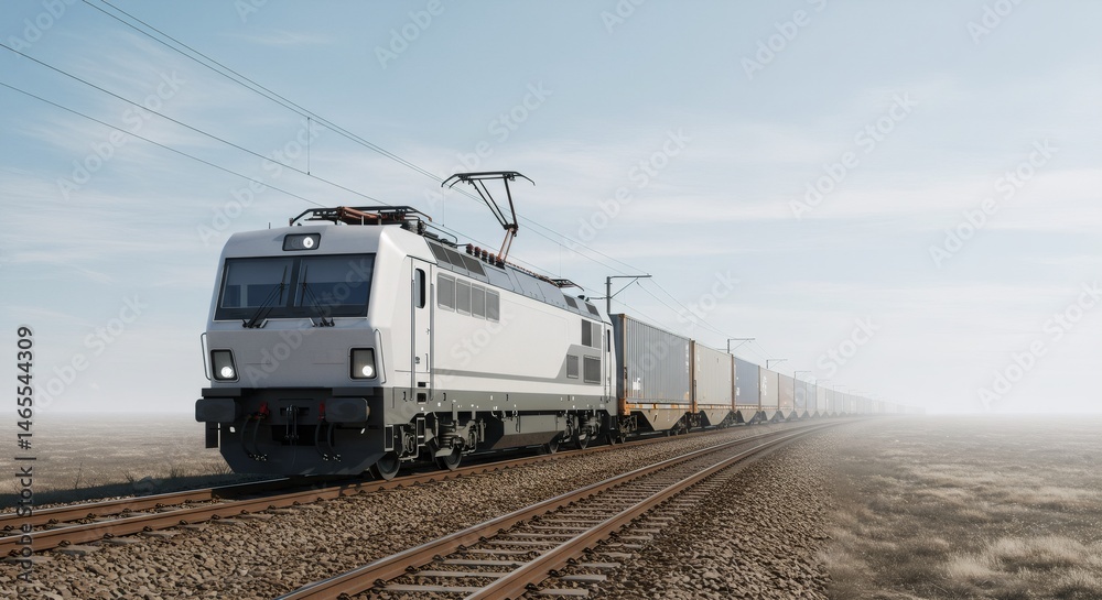 Obraz premium A cargo train on rails is moving along a track in a dry and hazy landscape. Transport of goods and logistics concept for delivery and freight services.