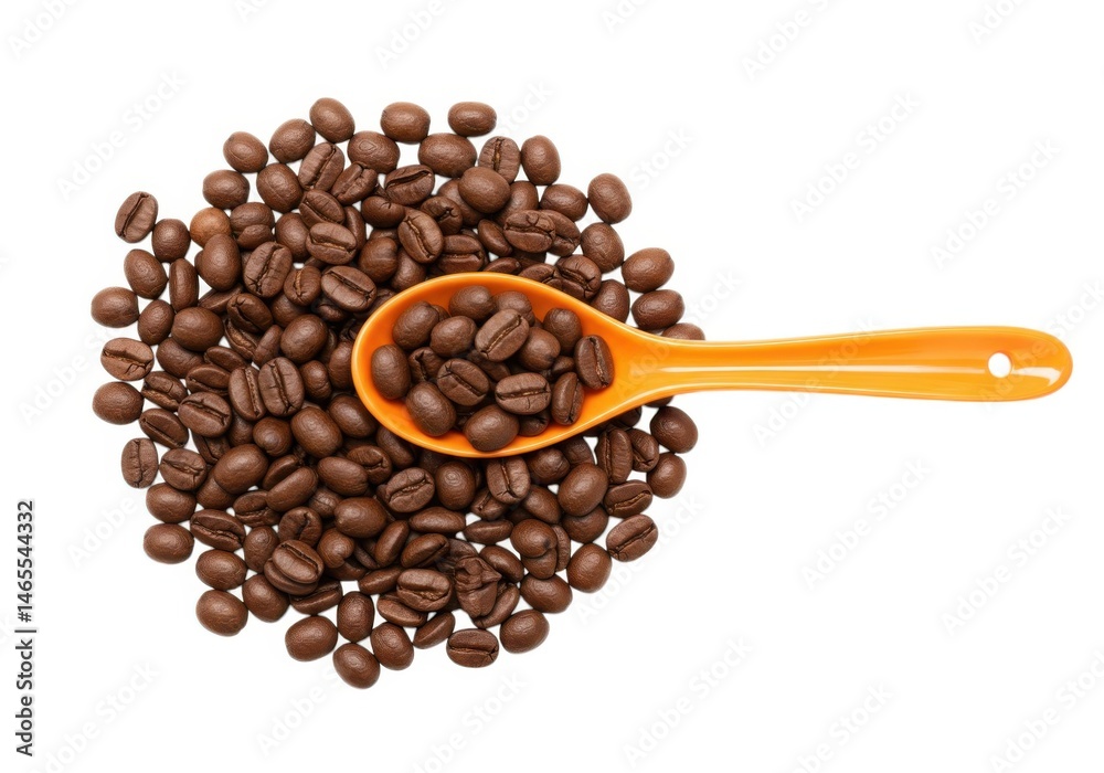 Fototapeta premium Roasted coffee beans with orange spoon on a white background view