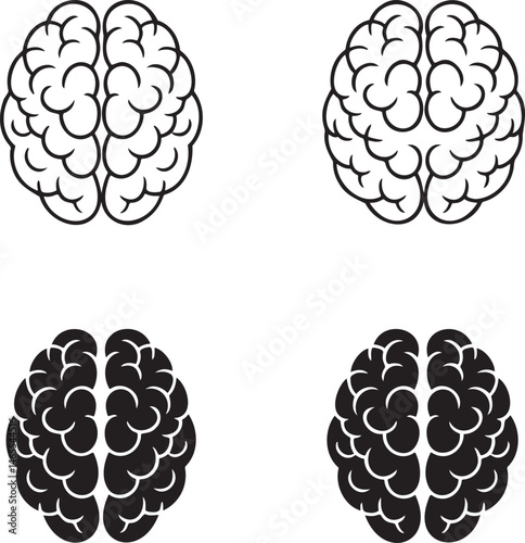 Human Brain silhouette & Outline set vector illustration isolated On Transparent Background