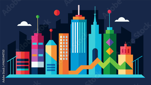 A digital print of a cityscape with each building representing a different data point and color.. Vector illustration