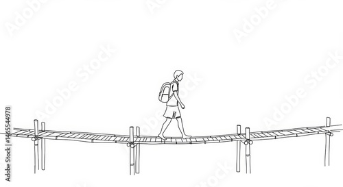 Minimalist line art: Student journeys across bamboo bridge, evoking rural education