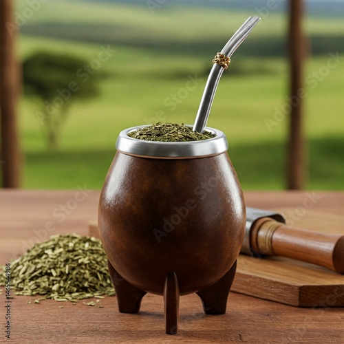 Traditional hot drink made with bitter herbs widely consumed in Brazil called chimarrão