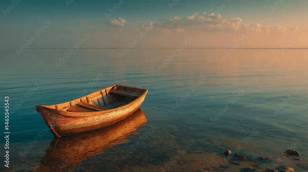 Naklejka premium A small wooden boat drifts alone on a tranquil golden sea beneath a vast, open sky. Generative AI