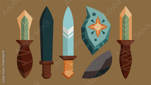 A set of handmade knives made from obsidian a natural volcanic glass showcases the ingenuity and resourcefulness of ancient Latin American civilizations.. Vector illustration