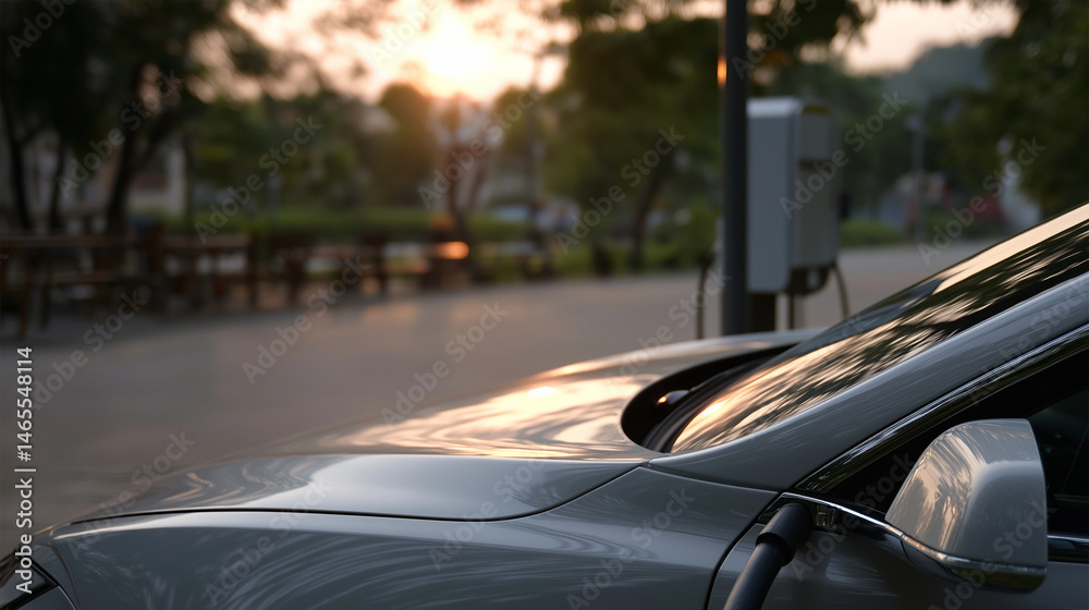Naklejka premium Sunset Reflection on Electric Car Hood While Charging