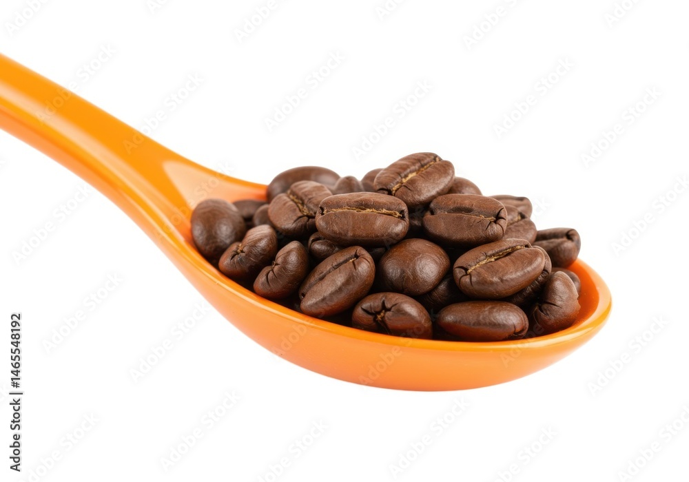 Fototapeta premium Roasted coffee beans in orange spoon isolated on white background
