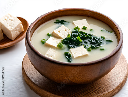 bowl of miso soup with tofu and seaweed, top-down view on white background
