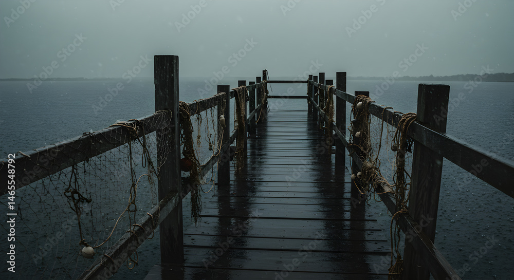 Obraz premium Wooden Pier Under Overcast Sky And Misty Rain Perspective Scene