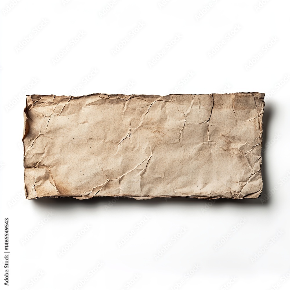 Obraz premium Isolated rectangular piece of old paper with crumpled texture on a plain white background studio shot
