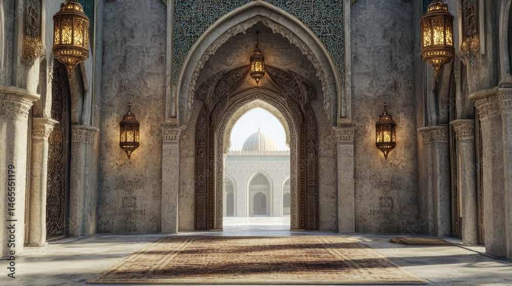 Obraz premium Sunlit Mosque Entrance: Intricate Archways and Golden Lanterns