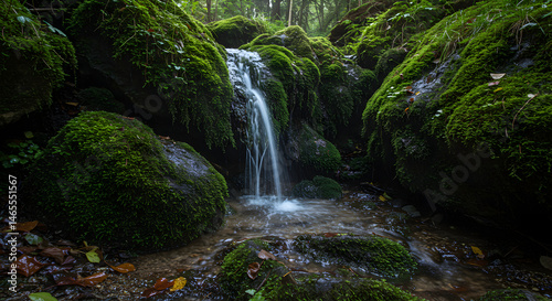 Secluded Cascade Tranquility Nature Scene With Moss Covered Stones