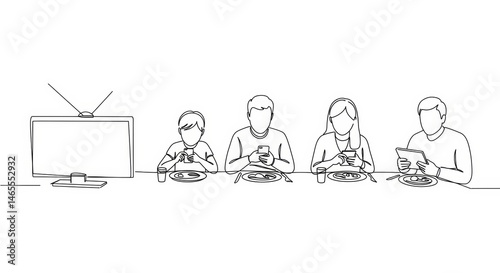 Family Meal Disconnection: Minimalist Line Art Depicting Digital Distraction at Dinner