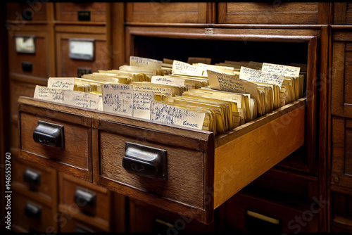 Wooden drawer filled with neatly organized index cards in an antique library setting