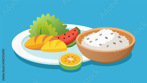 A simple yet satisfying casado lunch consisting of tender shredded chicken fluffy white rice and a side of refreshing tropical fruit salad.. Vector illustration