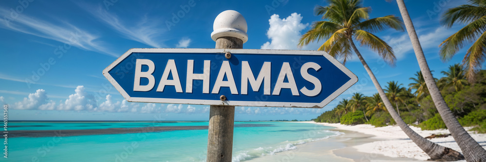 on a pole a direction arrow with the inscription Bahamas against the backdrop of a picturesque landscape in summer sea