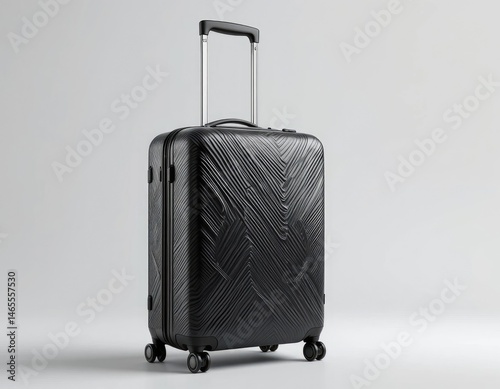 Obraz na płótnie Stylish Black Suitcase with Wheels Ready for Vacation or Business Trip w salonie