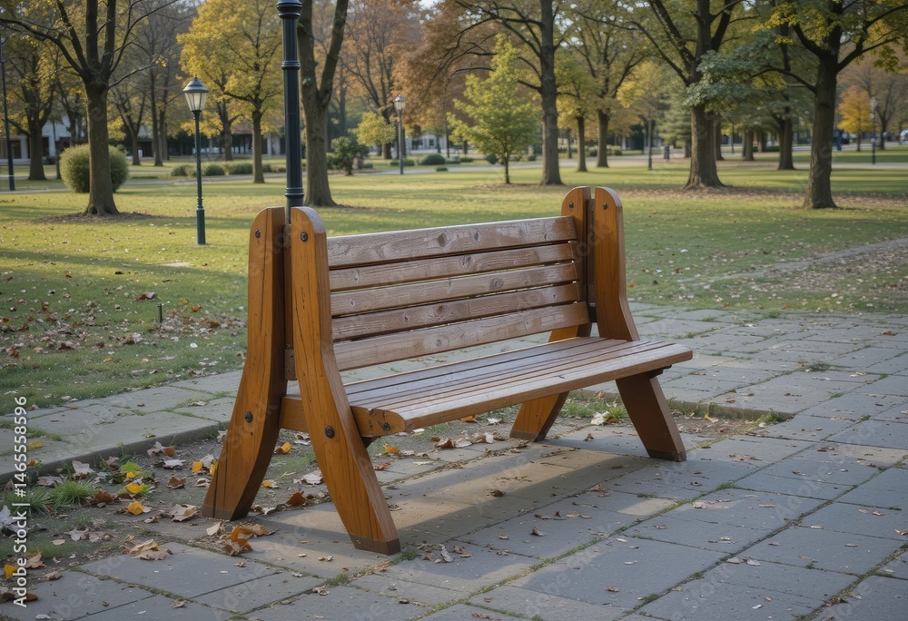 Wooden Park Bench in Autumn Landscape Setting for Peaceful Rest