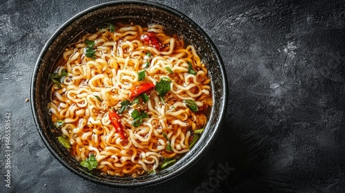 Bowl of spicy instant ramen noodles with vegetables and broth on dark textured surface, top view