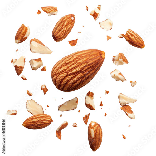 Almonds and pieces floating still life on white background on transparent background