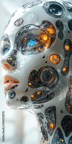 Wallpaper Mural Cyborg Head with Intricate Mechanical Details, Blue Eyes and White Skin Looking Forward in a Clean, Futuristic Style Torontodigital.ca