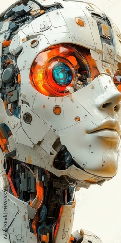 Wallpaper Mural Close-up of detailed humanoid robot head with visible mechanical components and glowing orange eye, conveying advanced technology Torontodigital.ca