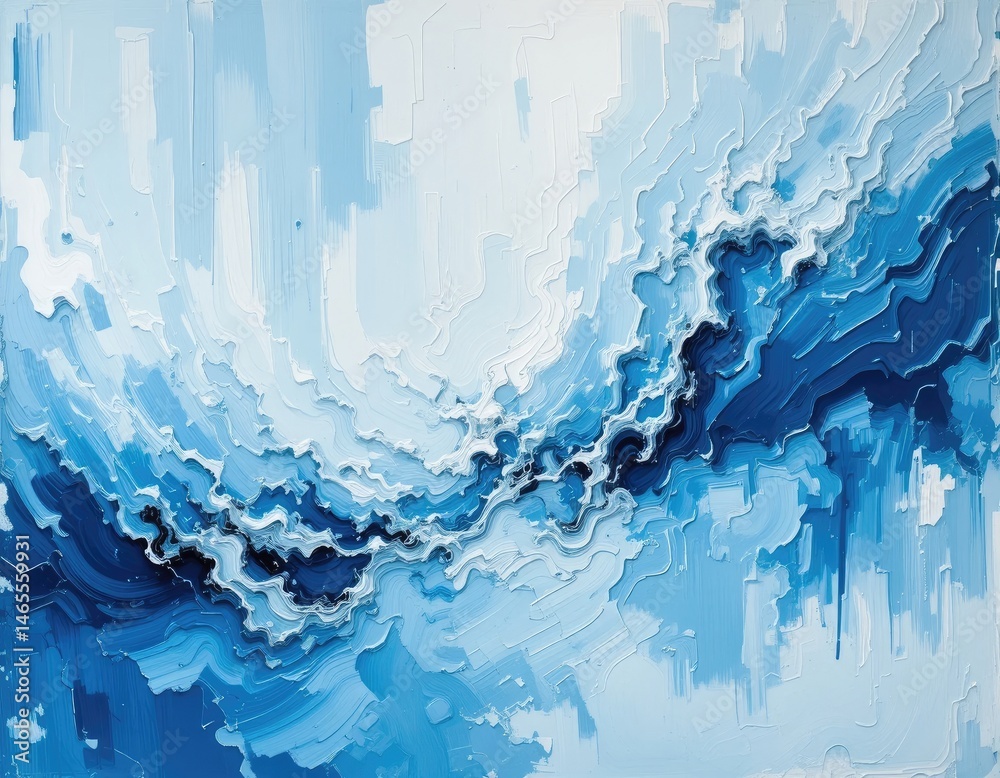 Abstract Blue Wave Painting with Textured Brush Strokes on Canvas