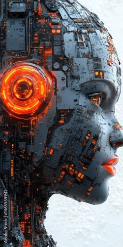 Wallpaper Mural Futuristic Cyborg Profile with Glowing Details and Complex Circuitry, Portraying Technological Advancement and Artificial Intelligence Torontodigital.ca