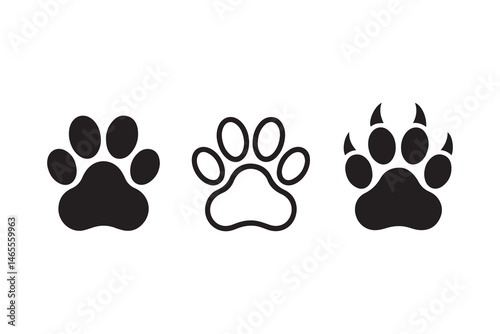 A black vector illustration shows a set of cat paw prints, a cute animal footprint pattern design