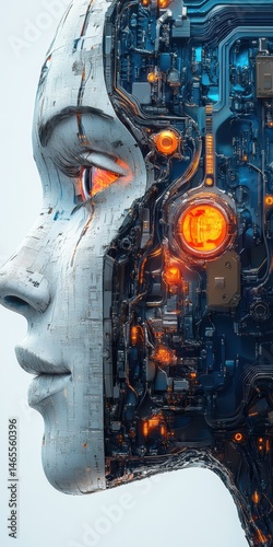 Wallpaper Mural Futuristic cyborg head with exposed mechanical components, intricate wiring, glowing lights, half synthetic skin, artificial intelligence Torontodigital.ca