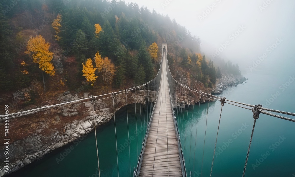 Obraz premium Misty Mountain Suspension Bridge Spanning Teal Waters