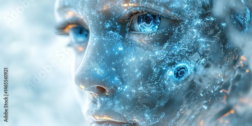 Wallpaper Mural Close-up on robotic face showcasing intricate circuitry and technology, gleaming blue light and advanced eye augmentation. Torontodigital.ca
