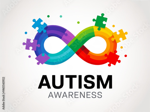Colorful autism awareness infinity symbol with puzzle pieces.